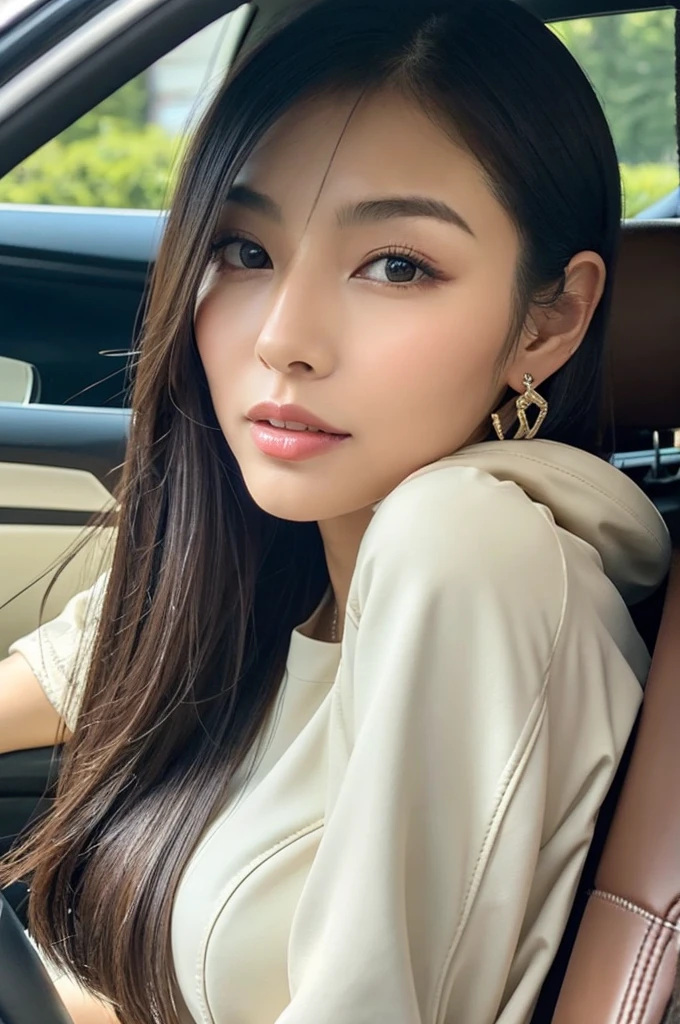 Assistant seat、Inside the car at the driving school, driving school instructor, ((full body)), ((photo)), ((best qualtiy, 8K, tmasterpiece:1.3)), Focus:1.2, perfect figure beautiful girl:1.41girl, cowboy shot, look at viewer, incredibly absurd, beautiful and cute girl with a photorealistic face, showcasing top-quality craftsmanship, A Japanese woman sitting in the passenger seat of a car at a driving school, 22 years old, has long, shiny, straight black hair, long bangs cut above her eyes as see-through bangs, large, dark eyes, long eyelashes, cat-like eyes with slightly upturned corners, well-defined eyebrows, double eyelids, straight nose, thin lips but a healthy, natural red color, well-aligned teeth, sharp jawline, fair, clear skin, smooth skin, long limbs, tall, slender, well-balanced proportions, beautiful C-cup breasts, wearing a white blouse with a black tight skirt and a beige jacket over it. The skirt is knee-length, an elegant and chic outfit, a single diamond earring in her left ear, and a slim gold ring on her middle finger on her right hand, a beautiful older woman, beautiful, neat, serious, responsible, kid, April