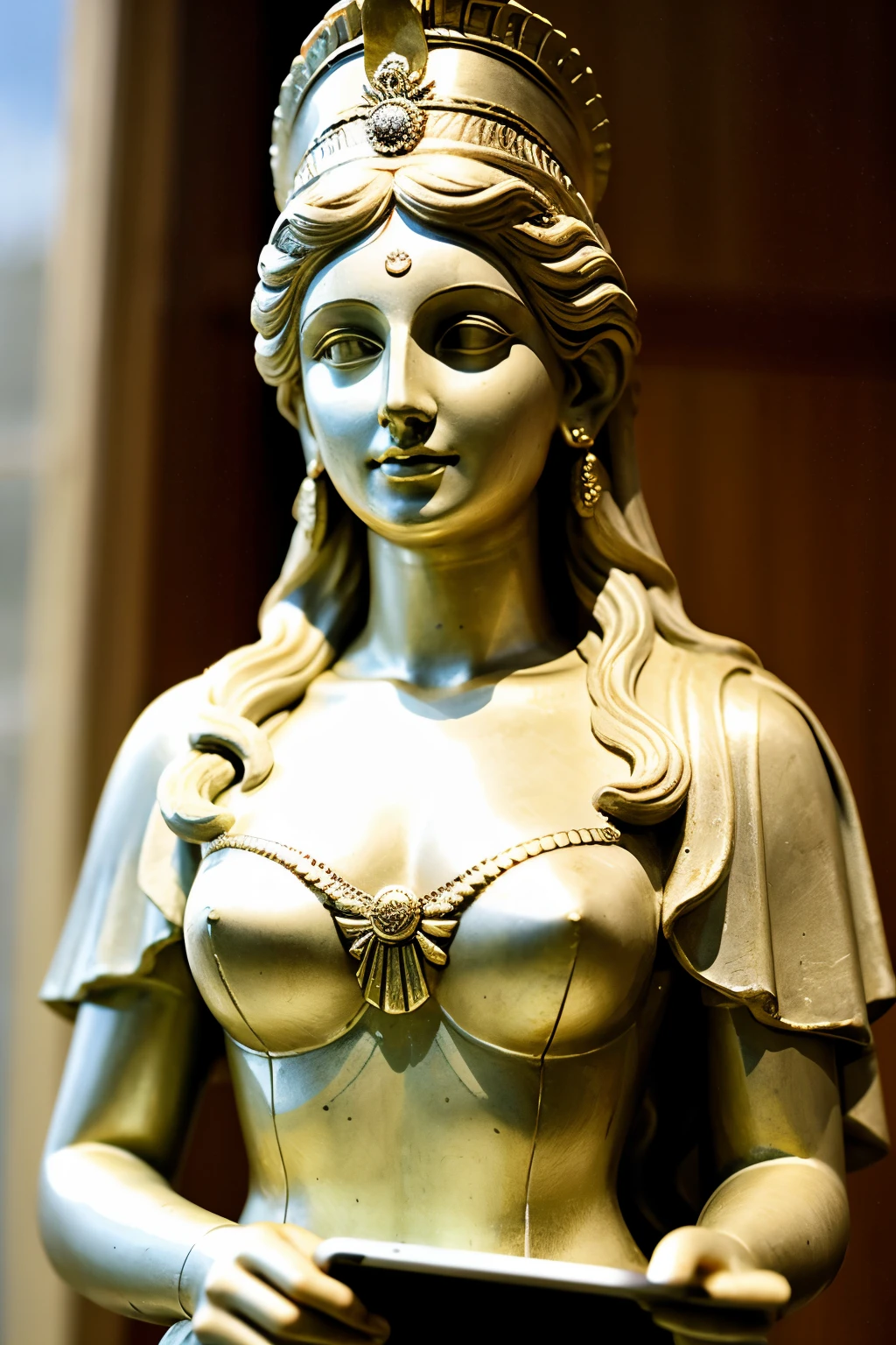 the goddess themis with a computer in one hand and the realistic style scales in the other



