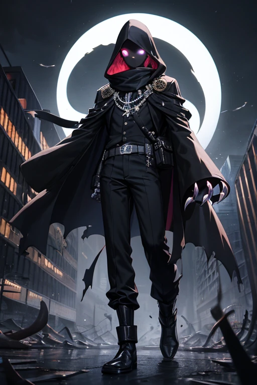 ((best quality)), ((masterpiece)), (detailed), 1 boy, full body, 23 years old, young adult, black scarf, bandage covering his mouth, eyes glowing white, 1 scratch on his right eye, pointy hood, black skin, disheveled hair, torn black coat covering everything, baggy sleeves, tall, thin, torn sleeves, white marks on his coat in a zig zag pattern, black portals, black fingers, black wristbands with white circles, black tentacles coming out of his coat, warlock, brooch with an eye symbol on his coat, claws, black baggy pants, black boots, floating, books floating around the city, darkness, night city background, anime