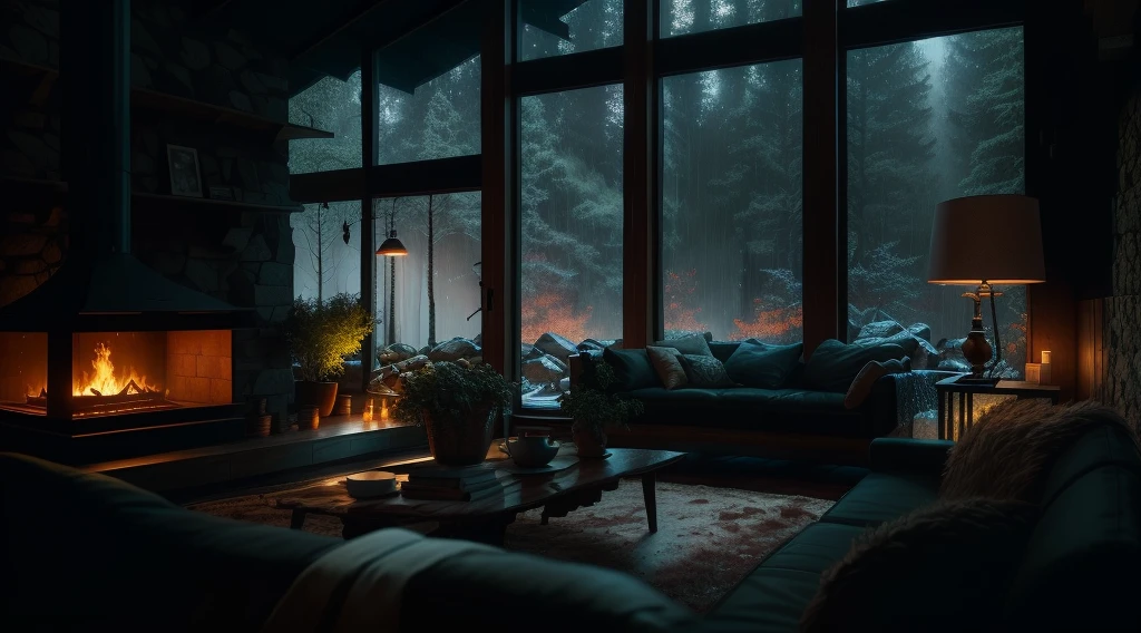 Bedroom view with fire in the fireplace in the room, large windows overlooking the forest, quiet night. original image, rainy day. original rendering, rainy night, gloomy cinematic lighting, atmosphere. digital painting, moody cartoon scenes, dramatic lighting. concept art, atmospheric shots, gloomy weather. hyperrealistic, atmospheric rendering, rainy night, huge forest, atmospheric and sandy details, beautiful and cinematic lighting, rainforest