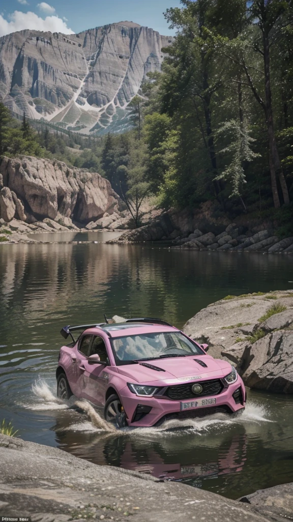 a pink panther ((aggressive), in attack position, rocks and lake around, very detailed natural environment, High quality image, Hyper realistic, cinematic look, HD en 32k--ar 3:2--in cartoon style, draw