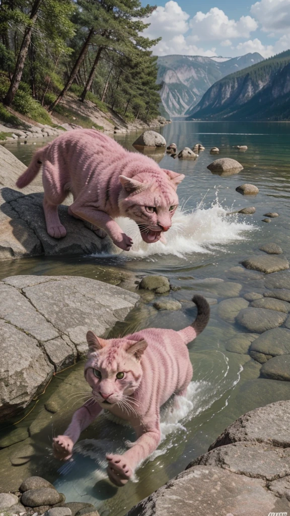 a pink panther ((aggressive), in attack position, rocks and lake around, very detailed natural environment, High quality image, Hyper realistic, cinematic look, HD en 32k--ar 3:2--in cartoon style, draw