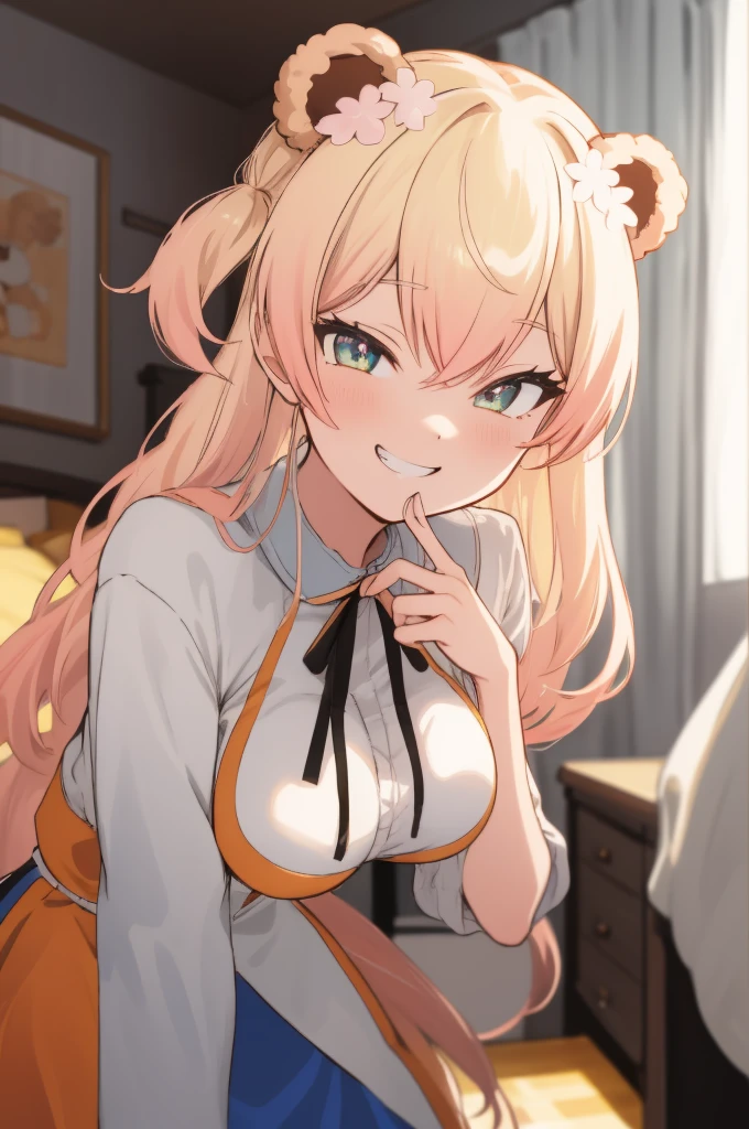 2d, masterpiece, best quality, anime, highly detailed face, highly detailed eyes, highly detailed background, perfect lighting, , 1girl, solo, , nene_official, bear ears, two side up, big breasts,grin,,standing,my room