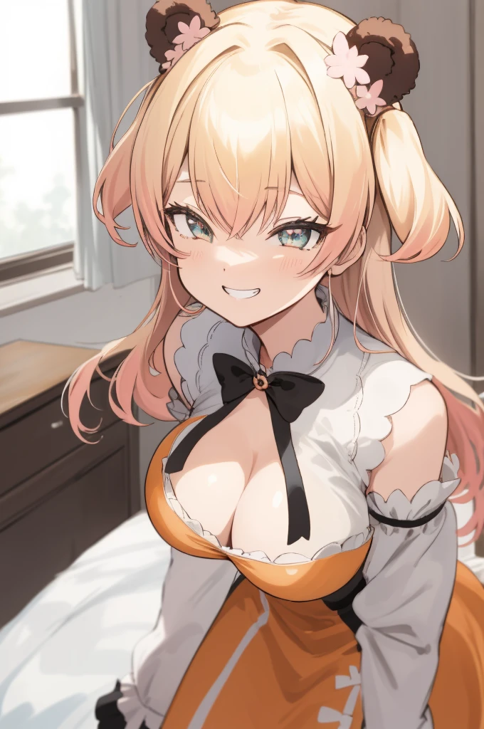 2d, masterpiece, best quality, anime, highly detailed face, highly detailed eyes, highly detailed background, perfect lighting, , 1girl, solo, , nene_official, bear ears, two side up, ,grin,,standing,my room