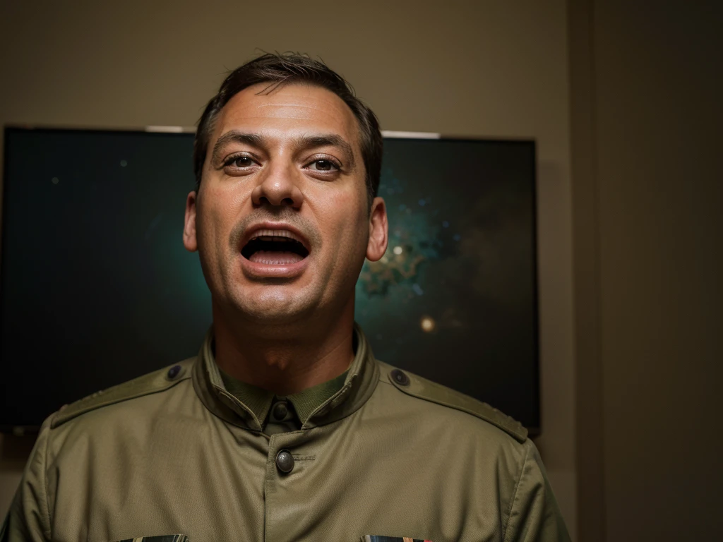 Absurd resolution, high resolution, (masterpiece: 1.4), hyper-detail, middle-aged man in military uniform, scientific observatory background, screen wall and more, excited open mouth, upper body photo