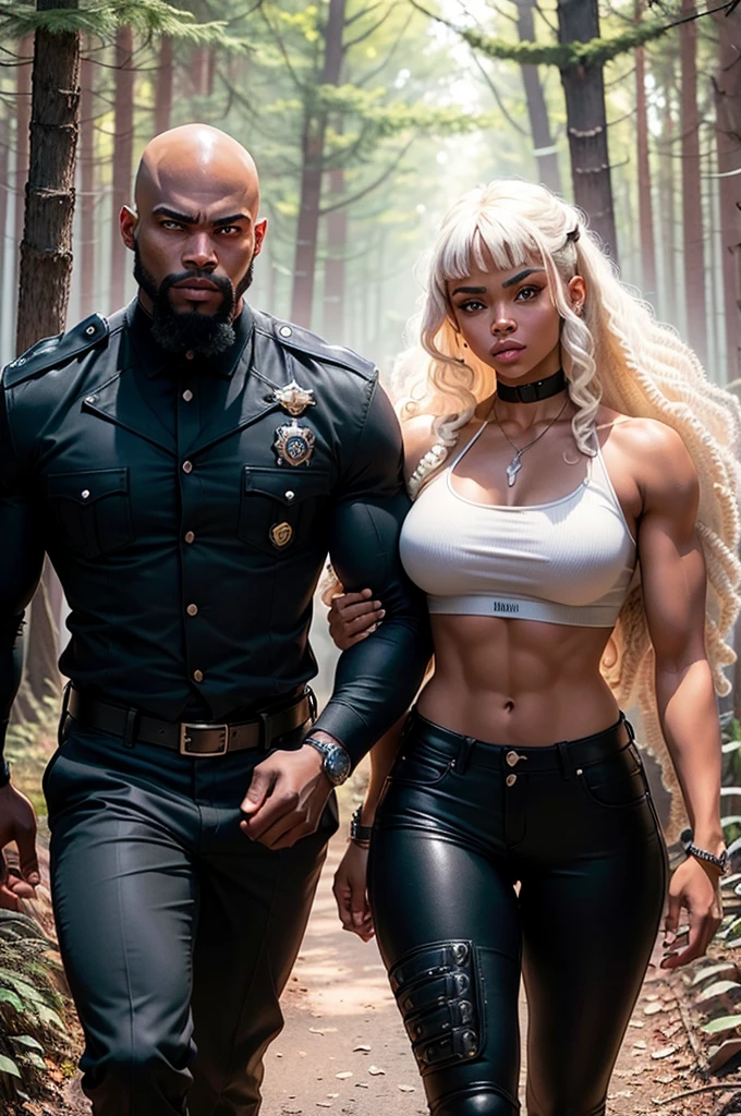 A muscular young rebellious and wild black male werewolf monster (afro) bald and bearded man side by side with a beautiful exuberant and perfect young white woman, blonde haired ariana, very long detective, Policerman, investigator in uniform and armed walking through a forest at night running courageously together