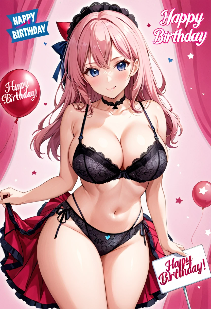 card, sexy waifu, anime style. Busty, lingerie with the words "happy birthday"