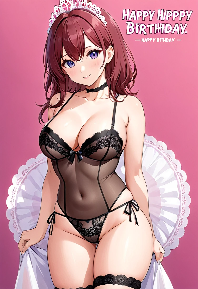 card, sexy waifu, anime style. Busty, lingerie with the words "happy birthday"
