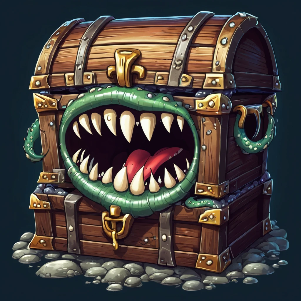 a cartoon image of a chest with a mouth and teeth, concept art by Balázs Diószegi, pixabay contest winner, mingei, worm monster, hiding large treasure chest, worm mouth, worm round mouth, as a d & d monster, treasure chest, rpg game item, tentacle monster, mimic, worm, d&d monster