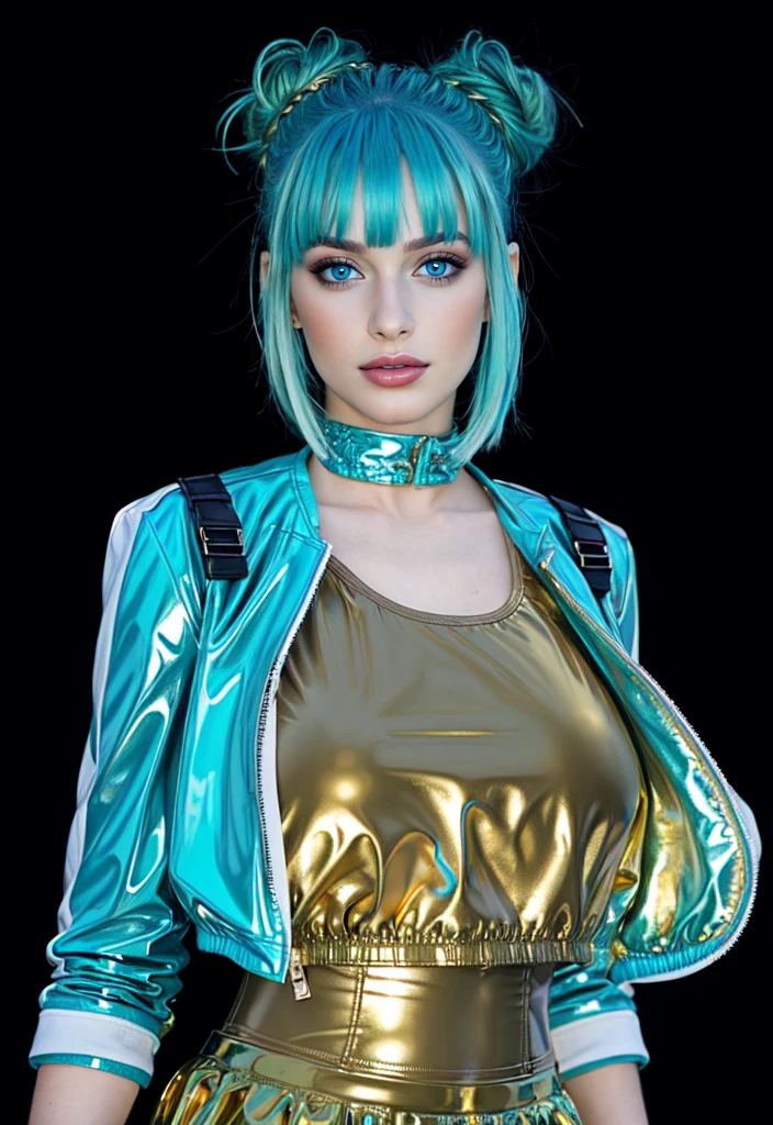 woman with cyan blue hair, duoble bun haircut, Cyan blue latex crop jacket, gold shirt