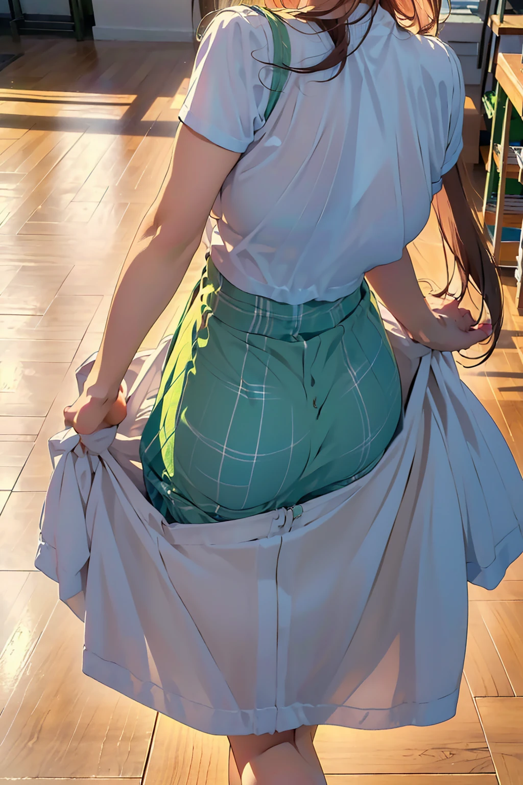 ((masterpiece, best quality, highres, uhd, perfect pixel, depth of field, 4K, RTX, HDR))), 18age, 1girl, single, solo, beautiful anime girl, beautiful artstyle, anime character, ((short hair, bangs, brown hair, curly hair:0.8)), ((green eyes:1.4, rounded eyes, beautiful eyelashes, realistic eyes)), ((detailed face, blushing:1.2)), ((smooth texture:0.75, realistic texture:0.65, photorealistic:1.1, anime CG style)), large breasts, dynamic angle, perfect body, ((portrait, ass pov)), ((white shirt, y-skirt, plaid skirt)), smile, School, Photo from behind, Posture with the back of the body,