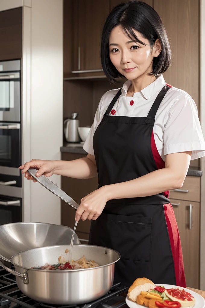 Woman 40 years old cook black hair red chef apron