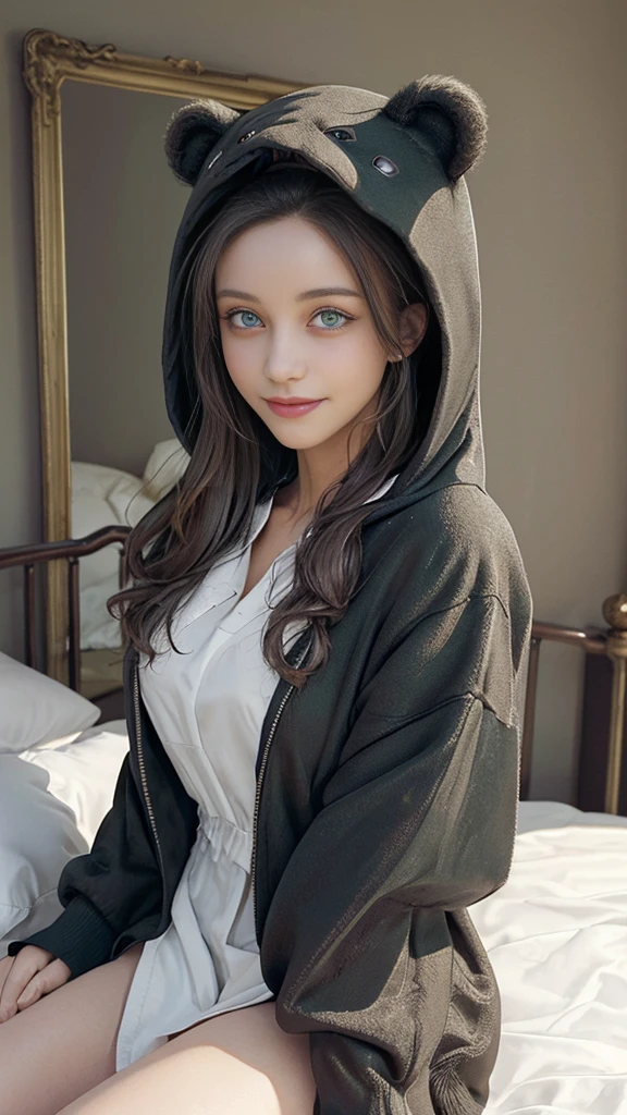 beautiful, (masterpiece), Highest quality, (extremely detailed face), extremely detailed eyes, Perfect lighting, Overall detailed, detailed, Deep Skin,Textured skin,
,bear costume ,black bear costume, Long sleeve, Wearing a hood,,mallow , Long Hair, Green Eyes, Big smile,On the bed ,sit between the pillows,
,