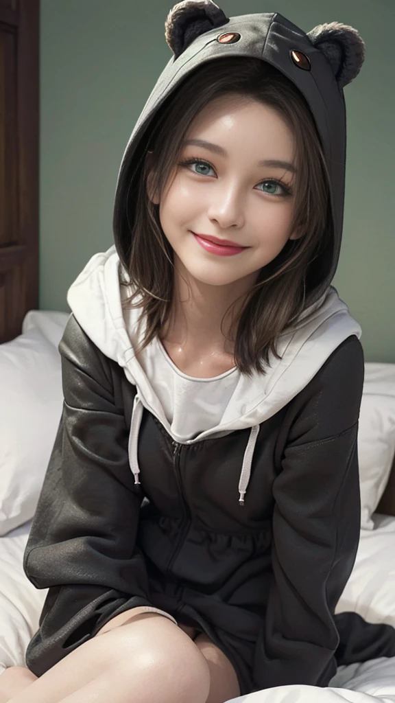 beautiful, (masterpiece), Highest quality, (extremely detailed face), extremely detailed eyes, Perfect lighting, Overall detailed, detailed, Deep Skin,Textured skin,
,bear costume ,black bear costume, Long sleeve, Wearing a hood,,mallow , Long Hair, Green Eyes, Big smile,On the bed ,sit between the pillows,
,