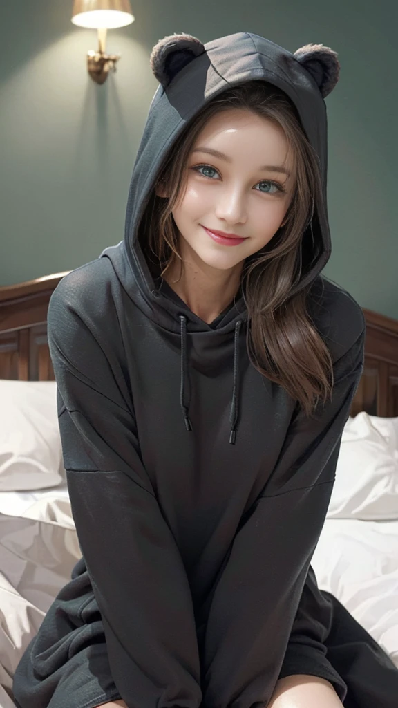 beautiful, (masterpiece), Highest quality, (extremely detailed face), extremely detailed eyes,  Perfect lighting, Overall detailed, detailed, Deep Skin,Textured skin,
,bear costume ,black bear costume, Long sleeve, Wearing a hood,,mallow , Long Hair, Green Eyes, Big smile,On the bed ,sit between the pillows,
,