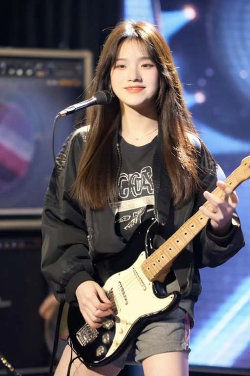 ((best quality)), ((masterpiece)), (detailed), 1girl, beautiful straight black long hair , beautiful smile ,sexy pose , standing position , rock jacket , top crop shirt , short pants , playing guitar , music studio background , rock guitar