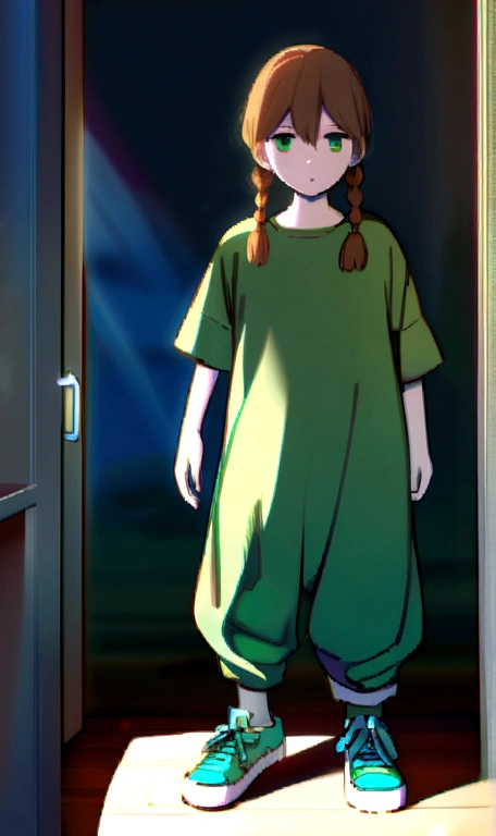9 years old - with white skin and brown hair with braids, dressed in two green shirts and a dark green jumpsuit. turquoise sneakers