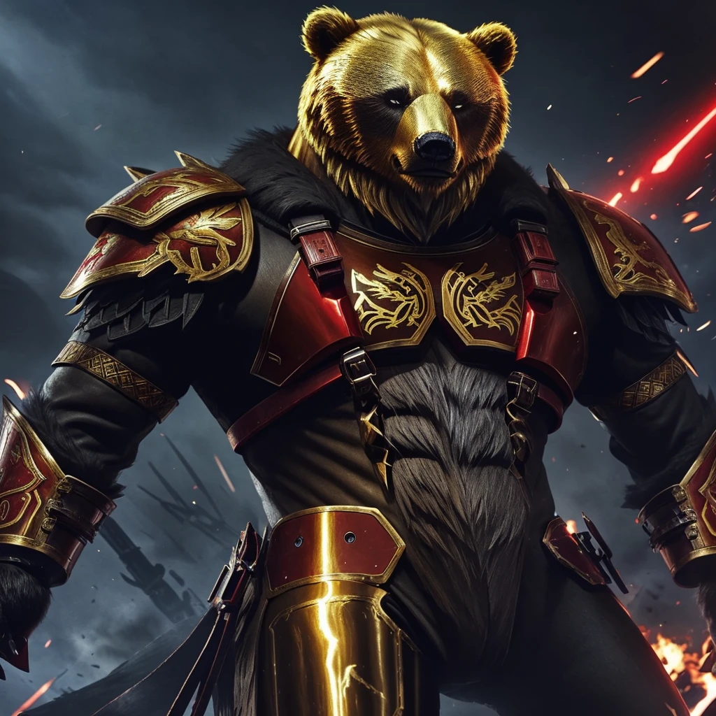 android similar to a warrior bear, standing from the front with red, gold and black colors. wearing leather armor. high definition realistic photo,