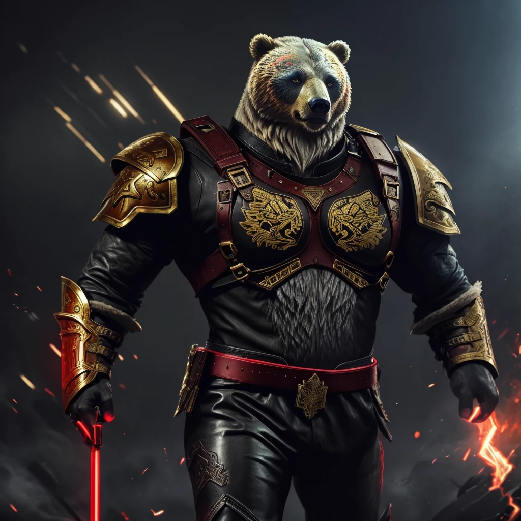 android similar to a warrior bear, standing from the front with red, gold and black colors. wearing leather armor. high definition realistic photo,