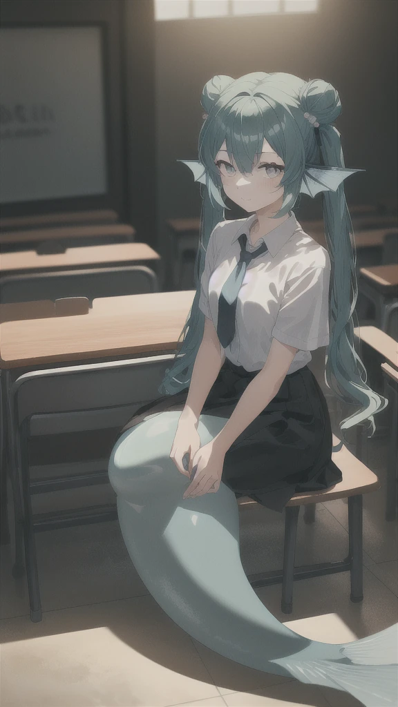 ((best quality)), ((highly detailed)), absurdres, (detailed eyes).1girl,20 years old,solo,long hair,light blue hair,finana,twintails,double bun,(white shirt,short sleeves,black standart tie,black skirt),full body, classroom,mermaid, fins,sitting on floor