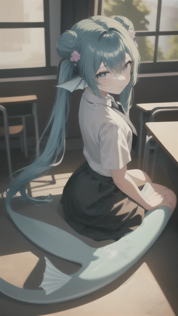 ((best quality)), ((highly detailed)), absurdres, (detailed eyes).1girl,20 years old,solo,long hair,light blue hair,finana,twintails,double bun,(white shirt,short sleeves,black standart tie,black skirt),full body, classroom,mermaid, fins,sitting on floor