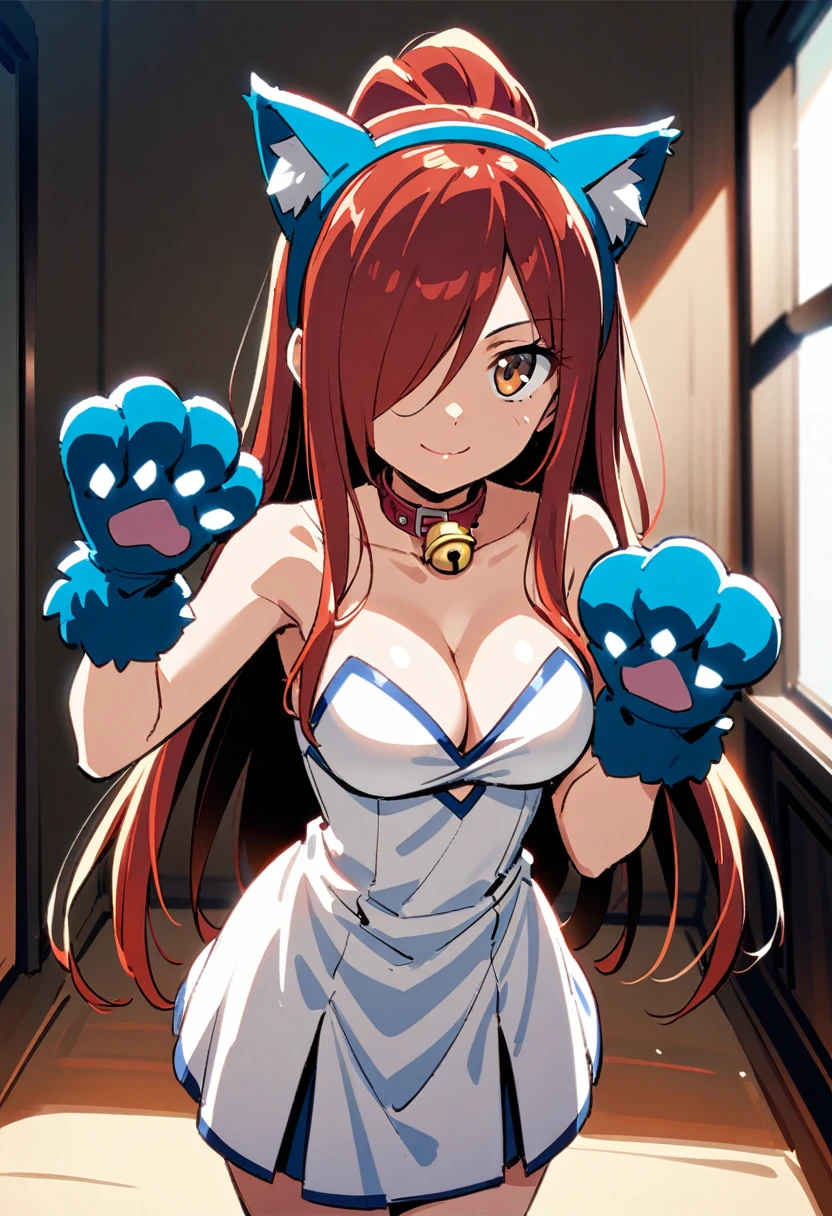 hmanga, (best quality, masterpiece:1.2), ultra detailed, (anime), 1girl, Erza Scarlet \(Fairy Tail\), fake animal ears, cat ears, paw gloves, bare shoulders, looking at viewer, collarbone, brown eyes, smile, neck bell, paw pose, animal hands, collar, hair over one eye, cleavage, red hair, long hair, standing, (looking at viewer), (front view), room, full body,