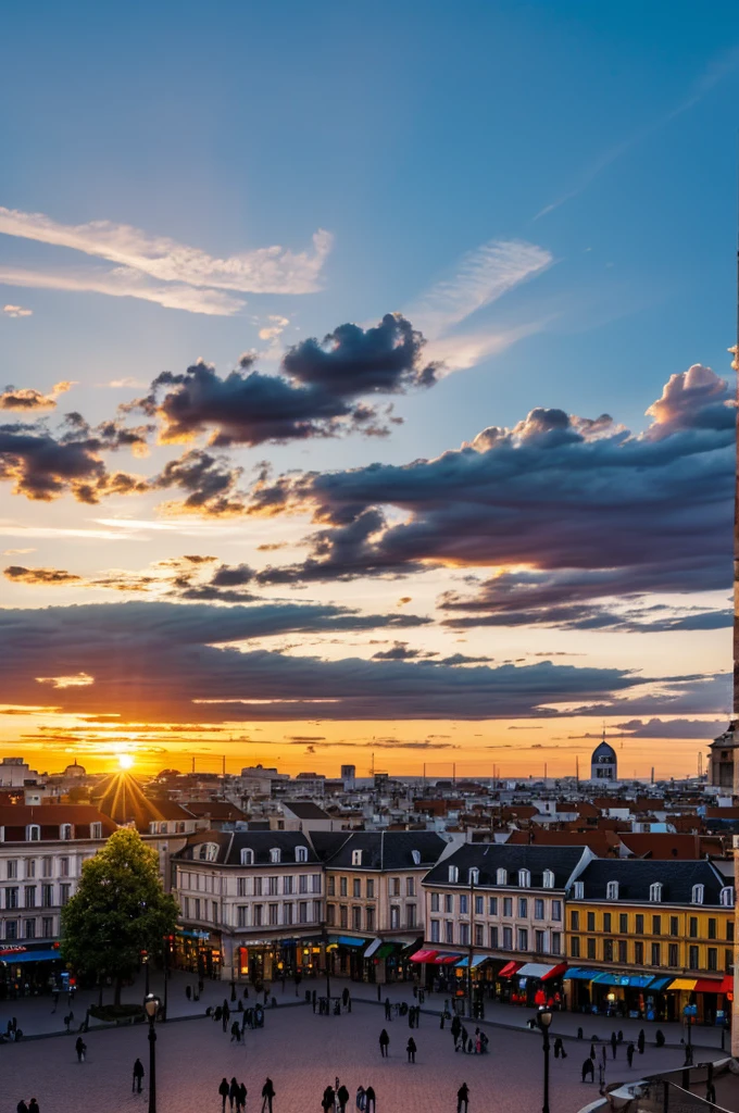 Sunset in a square looking at the city