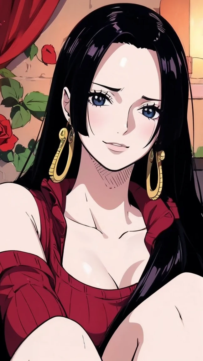 best quality, masterpiece, highly detailed,1girl, ((rose)), (vine), cage, bandage, red rope, (detail light), falling rose petals, Boa Hancock,, (masterpiece:1.5), Detailed Photo, Smiling,(8K, Photorealistic, Best Quality: 1.4), (1girl), Beautiful Face, (anime realistic Face), (Black Hair, long Hair: 1.3), Beautiful Hairstyle, Realistic eyes, beautiful detail eyes, (realistic skin), beautiful skin, (sweater), absurd, attractive, ultra high resolution, ultra realistic, high definition, golden ratio,