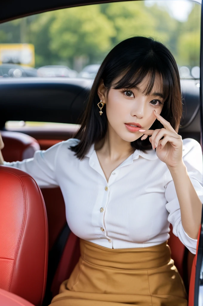 Assistant seat、Inside the car at the driving school, driving school instructor, ((full body)), ((photo)), ((best qualtiy, 8K, tmasterpiece:1.3)), Focus:1.2, perfect figure beautiful girl:1.41girl, cowboy shot, look at viewer, incredibly absurd, beautiful and cute girl with a photorealistic face, showcasing top-quality craftsmanship, A Japanese woman sitting in the passenger seat of a car at a driving school, 22 years old, has long, shiny, straight black hair, long bangs cut above her eyes as see-through bangs, large, dark eyes, long eyelashes, cat-like eyes with slightly upturned corners, well-defined eyebrows, double eyelids, straight nose, thin lips but a healthy, natural red color, well-aligned teeth, sharp jawline, fair, clear skin, smooth skin, long limbs, tall, slender, well-balanced proportions, beautiful C-cup breasts, wearing a white blouse with a black tight skirt and a beige jacket over it. The skirt is knee-length, an elegant and chic outfit, a single diamond earring in her left ear, and a slim gold ring on her middle finger on her right hand, a beautiful older woman, beautiful, neat, serious, responsible, ???, April