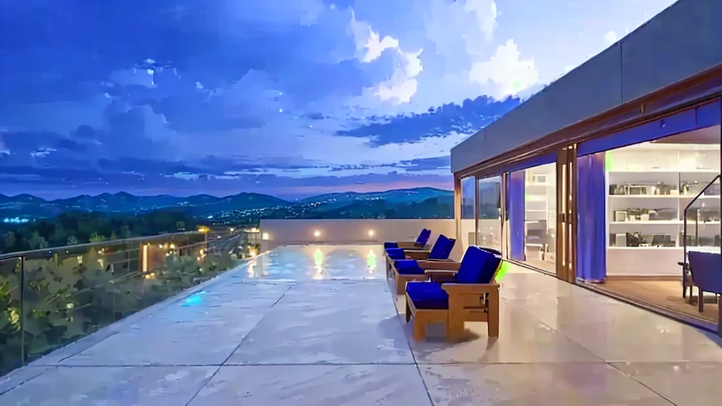 view of a patio with table and chairs overlooking a mountain, wide sight, contemporary masterpiece, paradise in the background, panoramic view at night, sit by the pool, beautiful view, architectural photo, beautiful and spectacular twilight, expansive cinematic vision, sunset view, Beautiful terrace, Incredible view, nice view, time to relax. good view