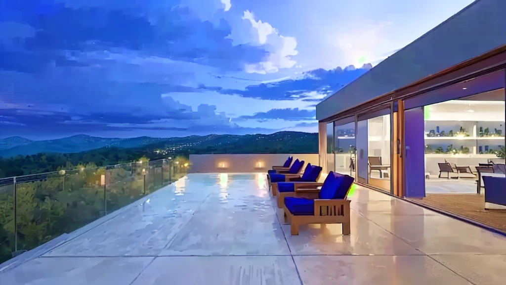 view of a patio with table and chairs overlooking a mountain, wide sight, contemporary masterpiece, paradise in the background, panoramic view at night, sit by the pool, beautiful view, architectural photo, beautiful and spectacular twilight, expansive cinematic vision, sunset view, Beautiful terrace, Incredible view, nice view, time to relax. good view