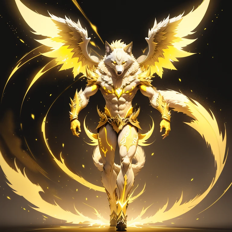 (1 wolf) full body, a white eyed yellow wolf, a winged four pointy ears yellow wolf with yellow lightning, yellow spike feathers, yellow spike wings, yellow energy around, yellow thunderstorm background, yellow electricity