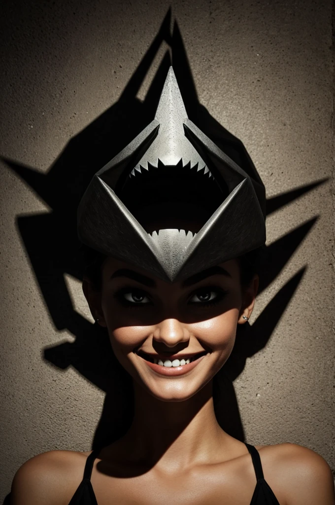 Create me a gigantic and terrifying shadow with pointed ends with piercing eyes and a huge smile