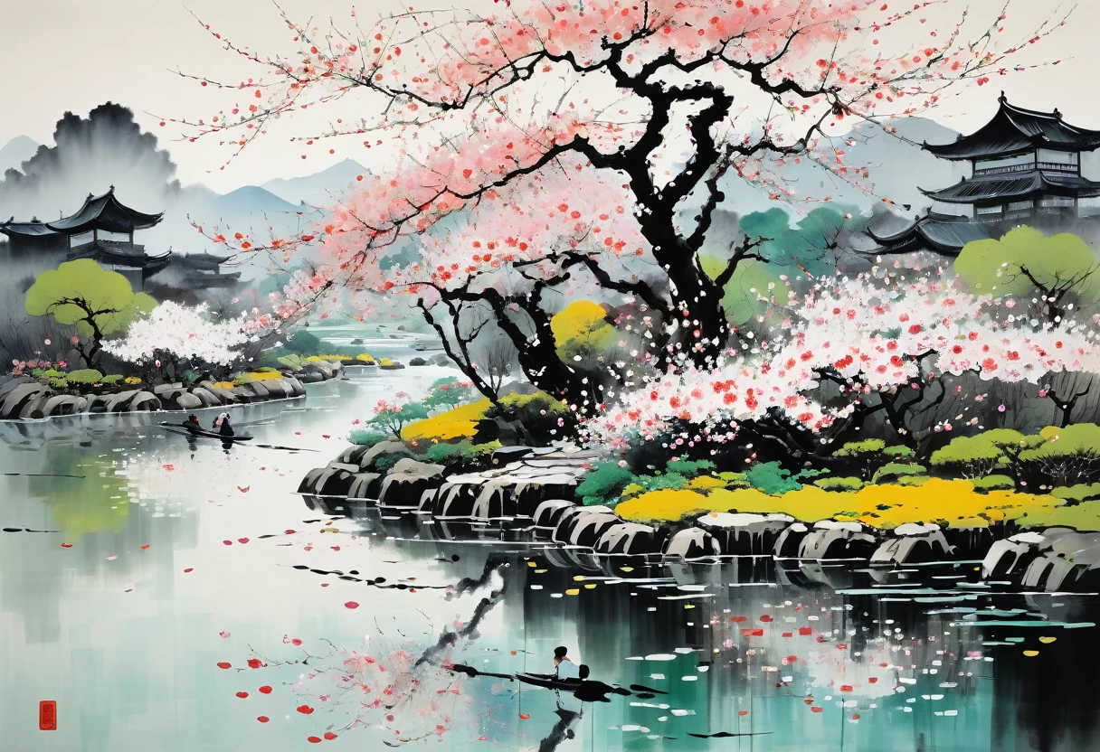 Wu Guanzhong paints a picture, the painting depicts a a Japanese garden, the petals of the Japanese cherry tree dance in the wind, full compliance with the style of Wu Guanzhong, combining traditional Chinese ink painting techniques with Western painting concepts, unique visual effects using color and lines.
