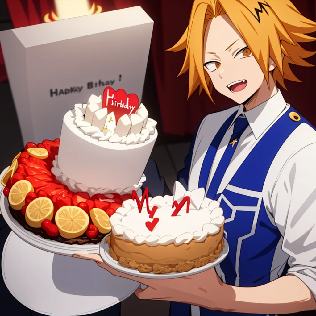 masterpiece, best quality, high quality, 1boy, solo, male focus, looking at viewer, upper body, kaminari denki, handsome holding a birthday cake for "