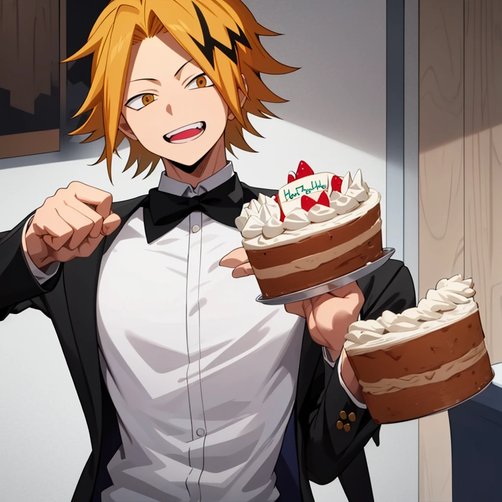 masterpiece, best quality, high quality, 1boy, solo, male focus, looking at viewer, upper body, kaminari denki, handsome holding a birthday cake for "