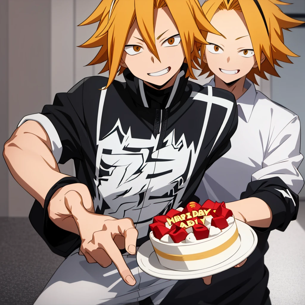 masterpiece, best quality, high quality, 1boy, solo, male focus, looking at viewer, upper body, kaminari denki, handsome holding a birthday cake for "