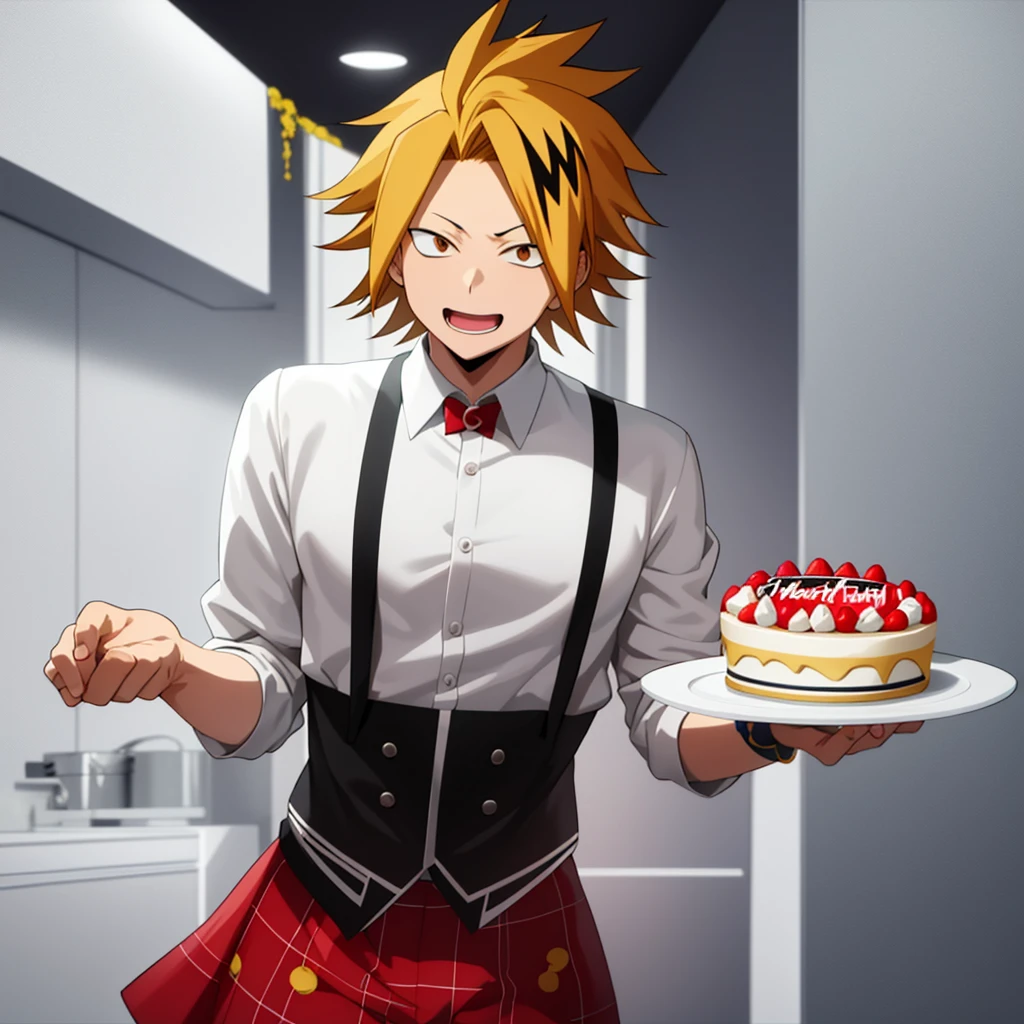 masterpiece, best quality, high quality, 1boy, solo, male focus, looking at viewer, upper body, kaminari denki, handsome holding a birthday cake for "