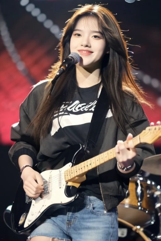 ((best quality)), ((masterpiece)), (detailed), 1girl, beautiful straight black long hair , beautiful smile ,sexy pose , standing position , rock jacket , top crop shirt , short pants , playing guitar , music studio background , rock guitar