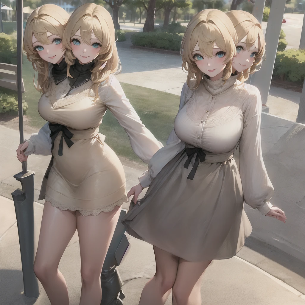 (2heads:1.5), masterpiece, best quality, 1girl, beautiful, fine, delicate, extremely intricate, detailed, blonde hair, jacket, blue eyes, ((masterpiece)), extremely detailed, best quality, high resolution, ((at a park)), Bridget, smile,