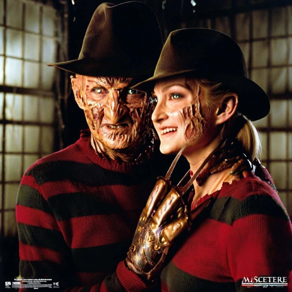 a  movie poster of " A nightmare on elm street" with Freddy Krueger with a blond ager girl