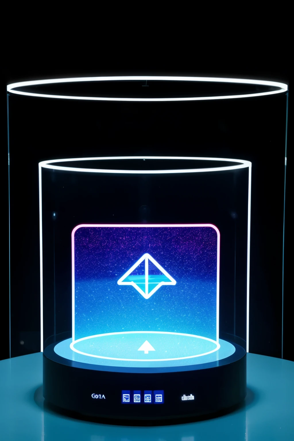holographic display or an advanced artificial intelligence device (IA). The screen should display graphs and data that represent a company's revenue growth and time optimization.