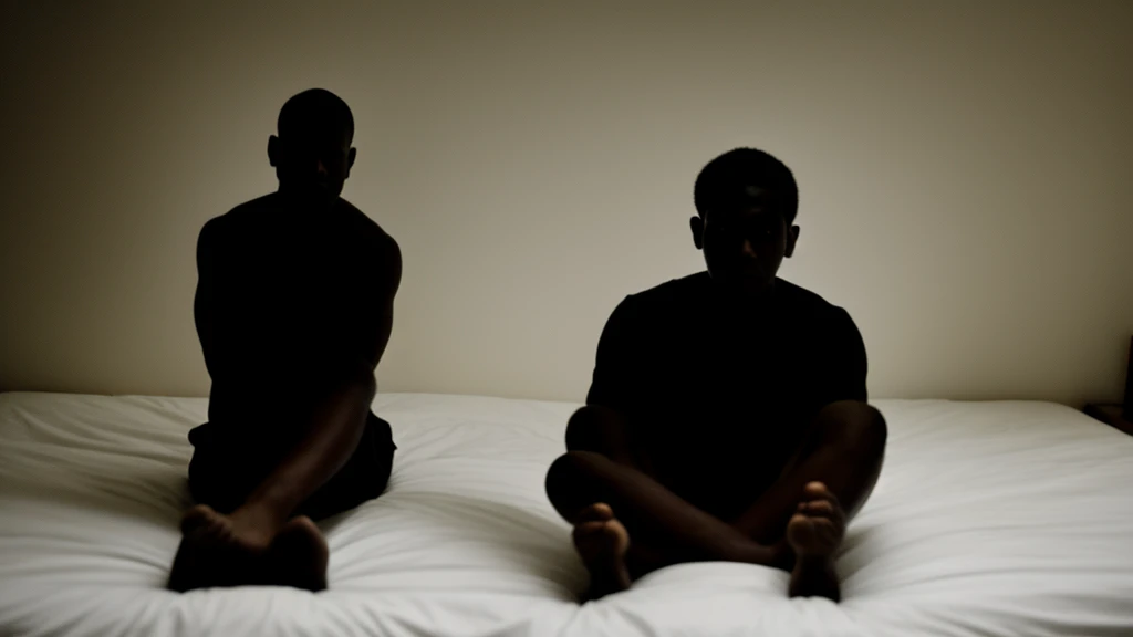 a terrifying man-like creature with a completely shadowed and dark face, sitting on a bed in a dark room, distant view