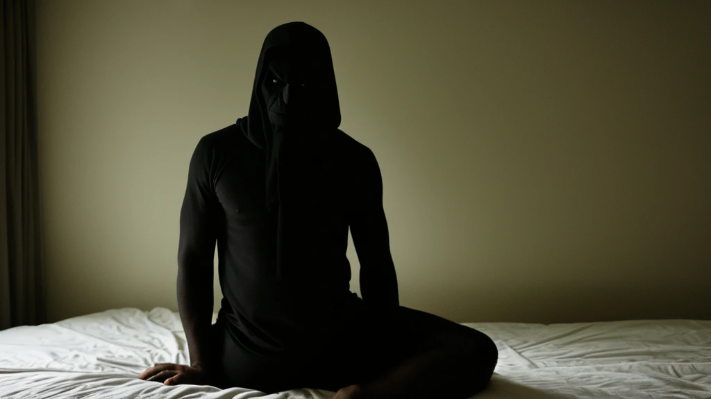 a terrifying man-like creature with a completely shadowed and dark face, sitting on a bed in a dark room, distant view