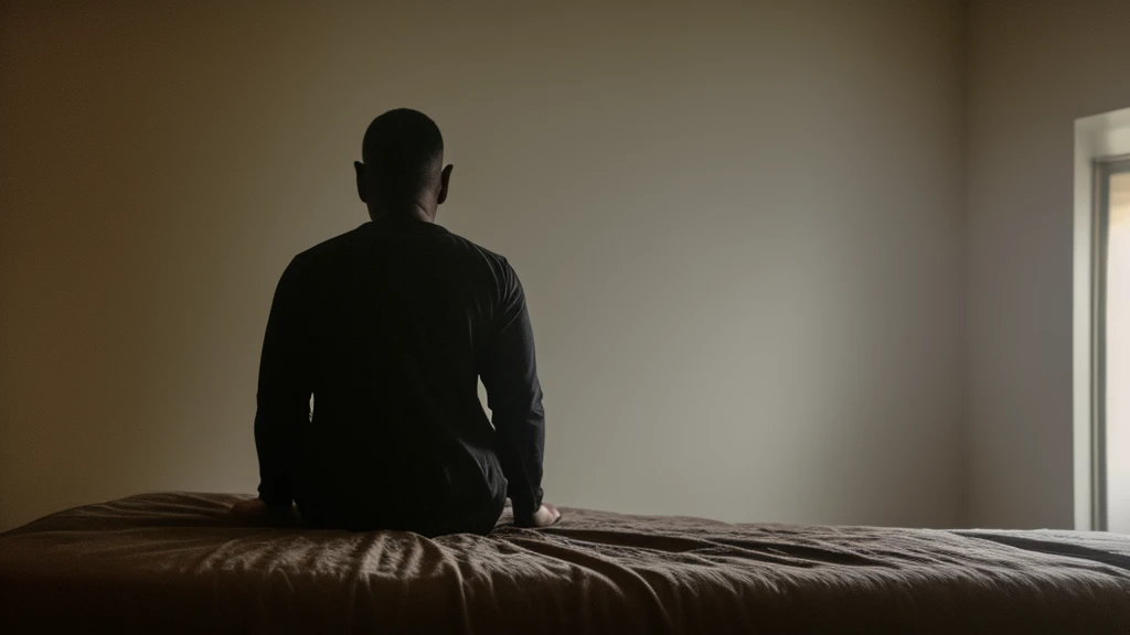 a terrifying man-like creature with a completely shadowed and dark face, sitting on a bed in a dark room, distant view