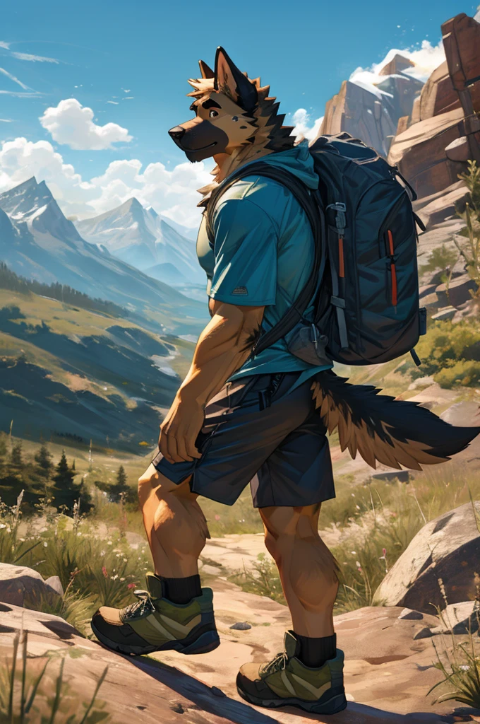 solo, male, german sheperd, mountains, hiking, wearing shorts, wearing t-shirt, backpack