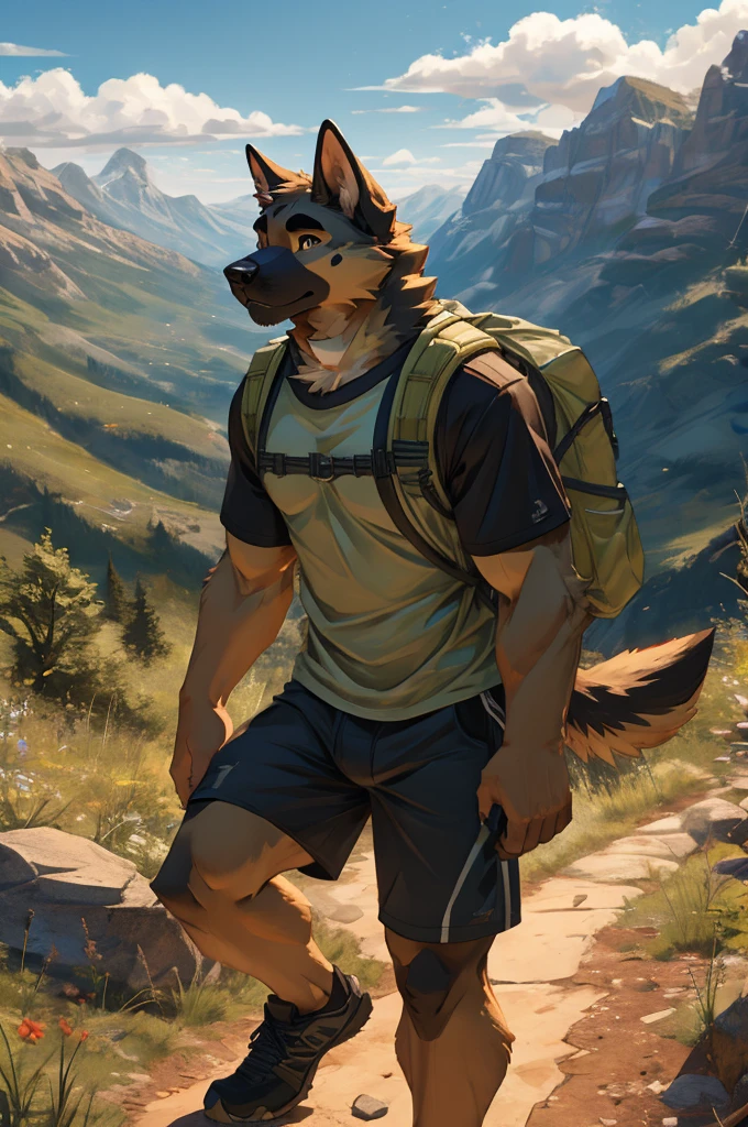 solo, male, german sheperd, mountains, hiking, wearing shorts, wearing t-shirt, backpack