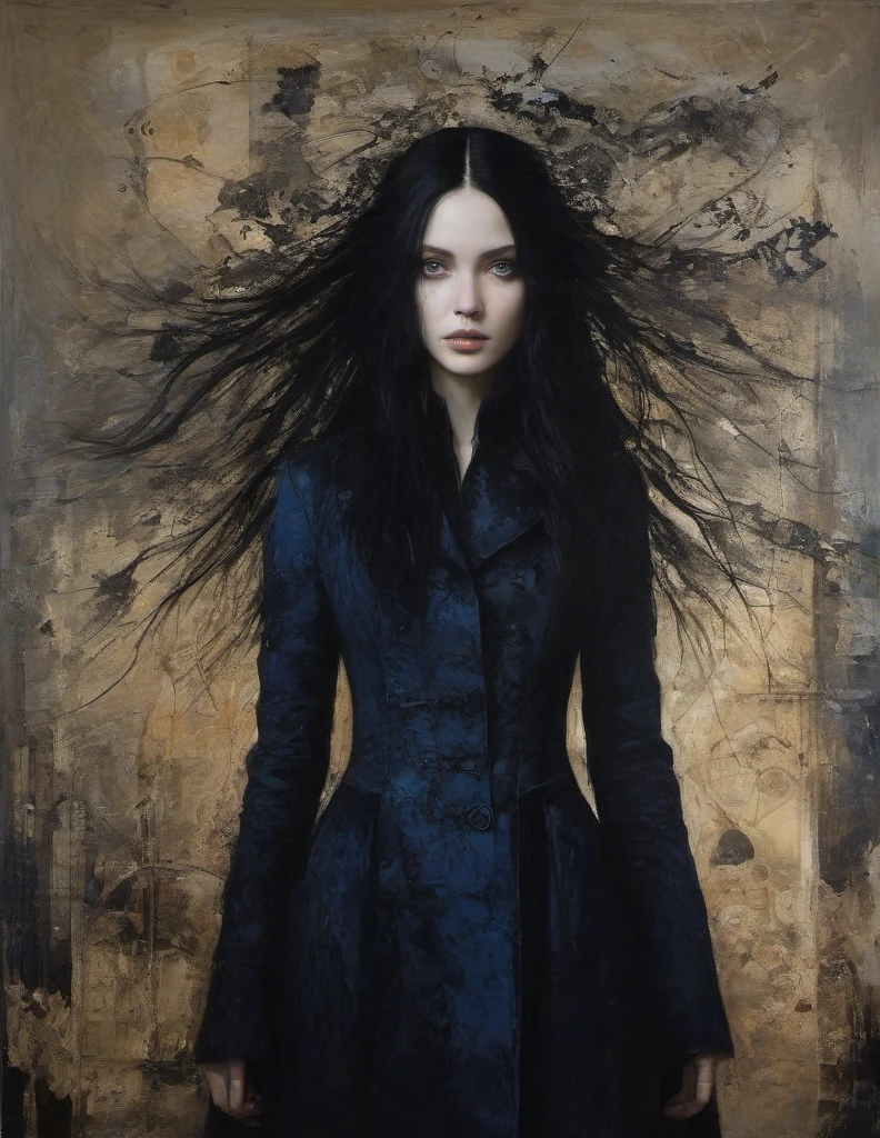 James Gurney, Surrealist art , dream-like, Mysterious, Provocative, symbolic, Complex, detailed,, (Gothic but very beautiful:1.4), (masterpiece, highest quality:1.4) , Nicola Samori Style, girl with long black hair, blue eyes, black coat