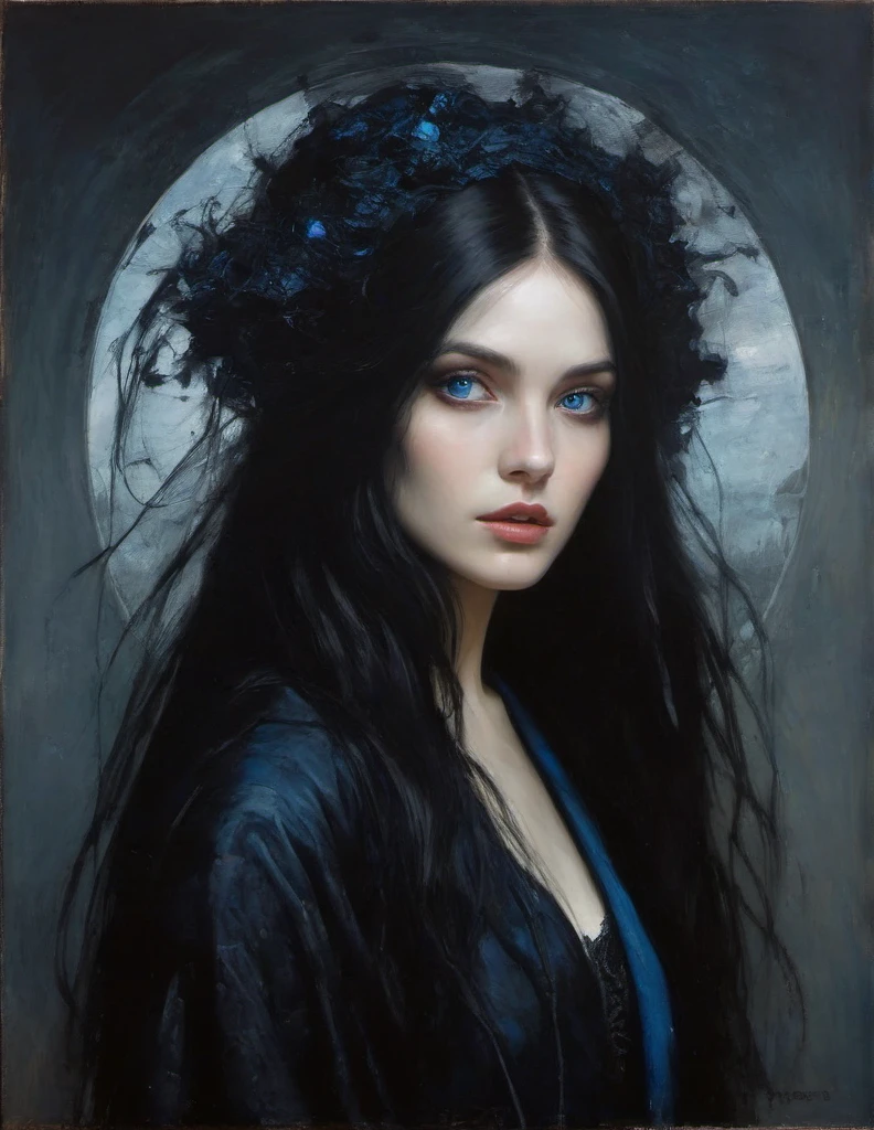James Gurney, Surrealist art , dream-like, Mysterious, Provocative, symbolic, Complex, detailed,, (Gothic but very beautiful:1.4), (masterpiece, highest quality:1.4) , Nicola Samori Style, girl with long black hair, blue eyes, black coat