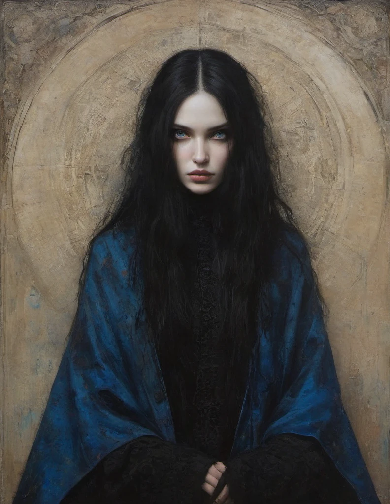 James Gurney, Surrealist art , dream-like, Mysterious, Provocative, symbolic, Complex, detailed,, (Gothic but very beautiful:1.4), (masterpiece, highest quality:1.4) , Nicola Samori Style, girl with long black hair, blue eyes, black coat